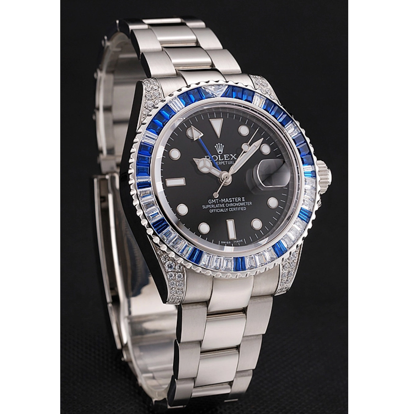 AAA Replica Watches Stainless Dial Case Bracelet Master II Black And Set Swiss Bezel GMT Stone Steel Rolex 1453747 0805